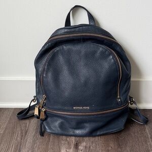 Michael Kors Navy Pebbled Leather Zip-Front Backpack with Gold Hardware
